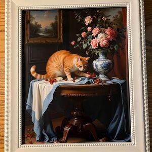 Framed Cat and Floral Still Life Art
